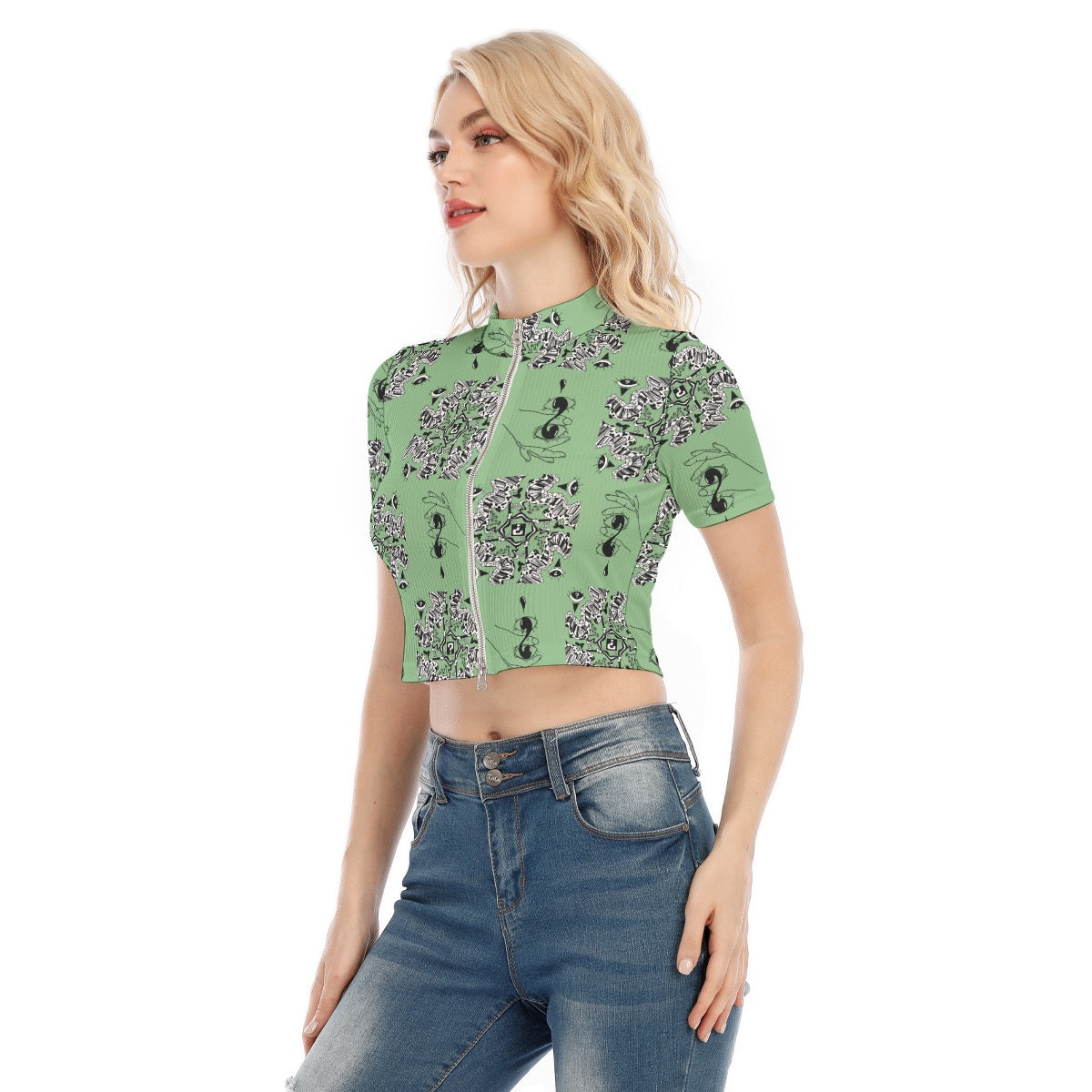 Tipped Sage Short Sleeve T-shirt With Two-way Zipper