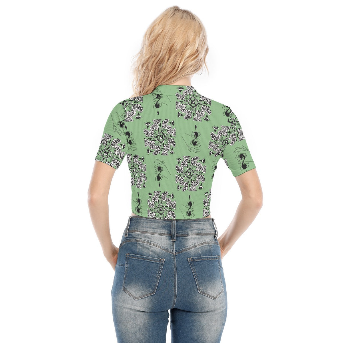 Tipped Sage Short Sleeve T-shirt With Two-way Zipper