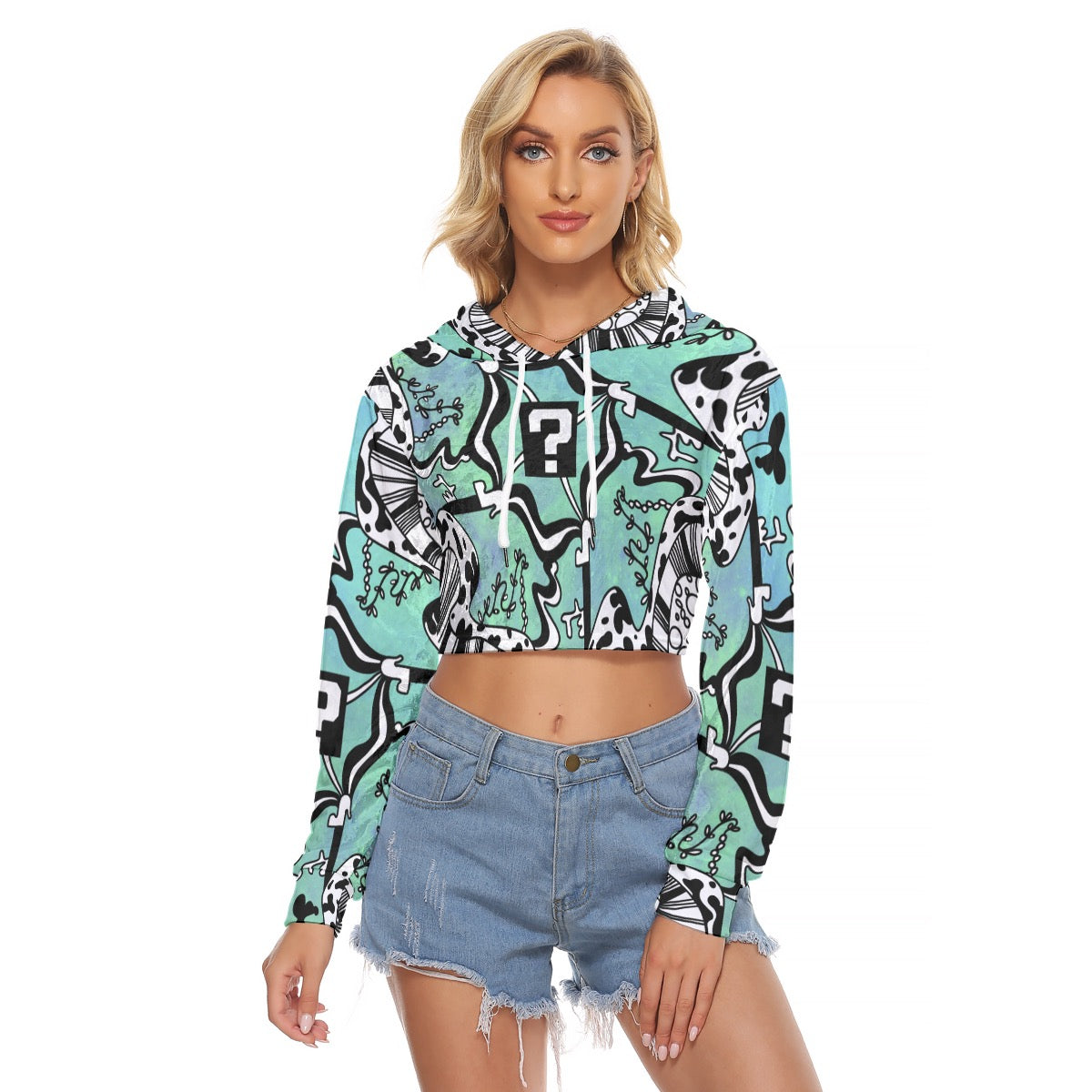 Teal TipDrip Velvet Crop Top Hoodie