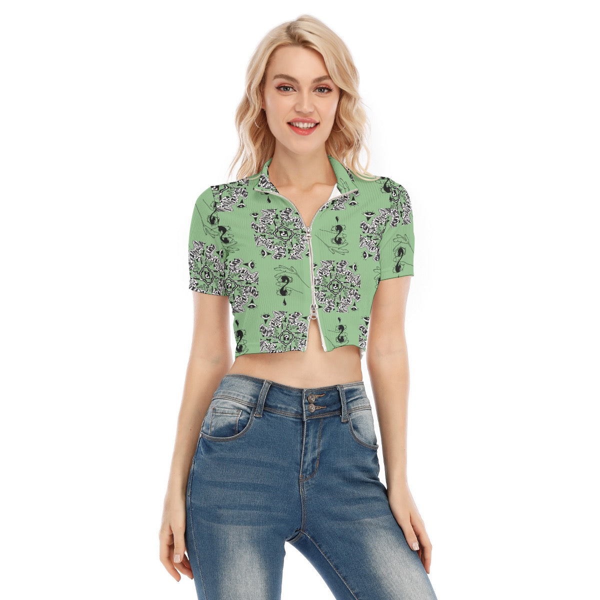 Tipped Sage Short Sleeve T-shirt With Two-way Zipper